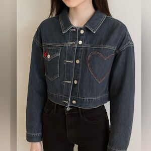 0454. Dark Denim Cropped Jacket with Heart Detail